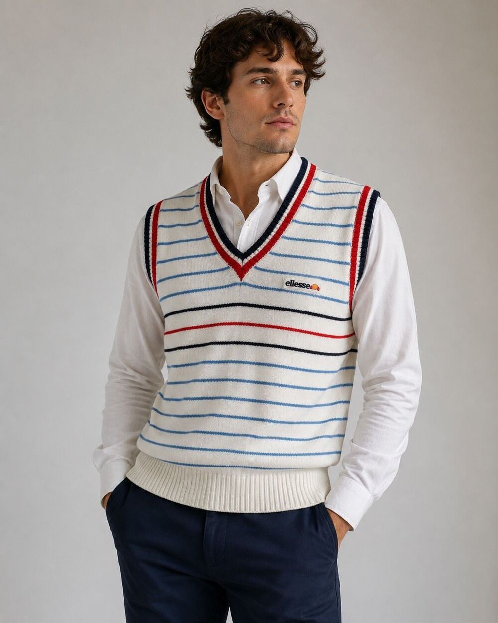 Vintage Ellesse Made in Italy Wool Blend Striped V-Neck Sweater Vest 36M